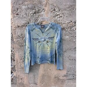 Vintage Harley Davidson Long Sleeve Boho Baby Tee Graphic Rose Y2K Angel Sz L